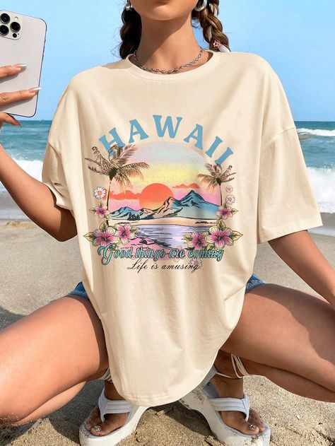 Apricot Casual Collar Short Sleeve Fabric Letter,Tropical  Embellished Slight Stretch  Women Clothing Beachy T Shirts, Cute T Shirts For Women, Billabong Outfits, Hawaii Tshirt, Graphic Clothes, Baggy Shirts, Summer Outfit For Teen Girls, Cute Summer Shirts