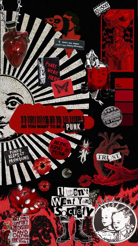 Animated version :) #punk #red #collageart Punk Moodboard, Punk Background, Punk Collage, Punk Wallpaper, Black Punks, Scrapbook Materials, Halloween Wallpaper, Red Background, Collage Art