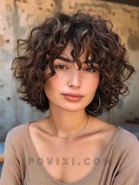 Haircuts for Curly Hair: 33 Styles for Natural Curls, Including Bob, Pixie, and Layered Looks How To Make Short Hair Curly, Curly Hair Cuts Short Layers, Curly Layered Bob With Bangs, Natural Curly Short Hair, Short Curly Layered Hair, French Bob With Bangs Round Faces, Mushroom Bob, Fine Curly Hair Cuts, Unique Haircuts