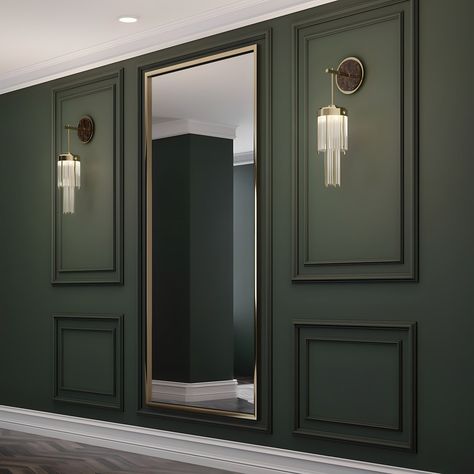 Dark Green Wall Panelling, Green Panelled Wall, Green Sofa Living Room, Panel Molding, Wall Panel Molding, Diy Girls Bedroom, Modern Home Offices, Dark Green Walls, House Wall Design