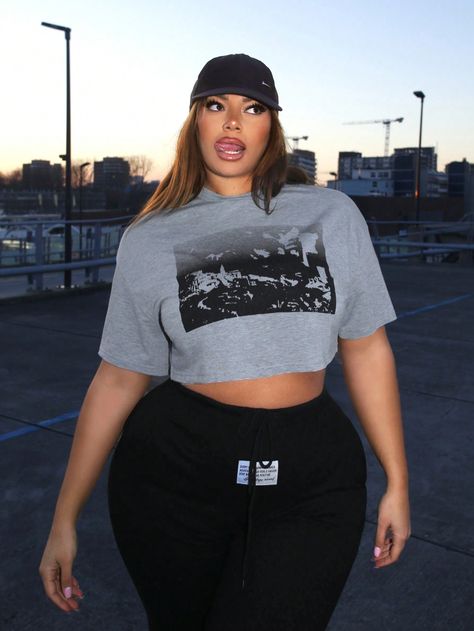 Plus Size Women's Printed Cropped T-Shirt Light Grey Casual  Short Sleeve Knitted Fabric Graphic,Letter,Slogan  Slight Stretch  Women Plus Clothing, size features are:Bust: ,Length: ,Sleeve Length: Loose Crop Top Outfits, Plus Size Crop Top Outfit, Plus Size Crop Top, Crop Top Outfit, Loose Crop Top, Plus Size Tank Top, Plus Size Crop Tops, Top Outfit, Plus Size Tank Tops