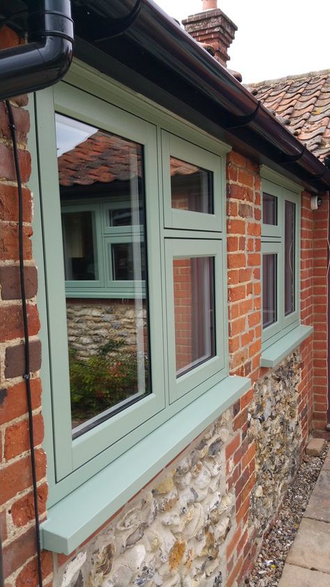 Norwich Windows installation of Chartwell Green Residence 9 windows Chartwell Green Windows And Doors, Green Upvc Windows, Chartwell Green Windows, Wooden Window Colours Ideas, Green Windows Frames, Coloured Window Frames Exterior, Green Window Frames Exterior, Sage Green Window Frames, Green Windows Exterior