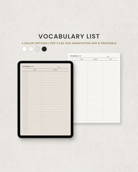 Vocab Template, Vocabulary Notes Template, Vocabulary Notebook, Learning Template, Digital Planner Template, Study Planner Printable, Planner Writing, College Notes, Vocabulary List