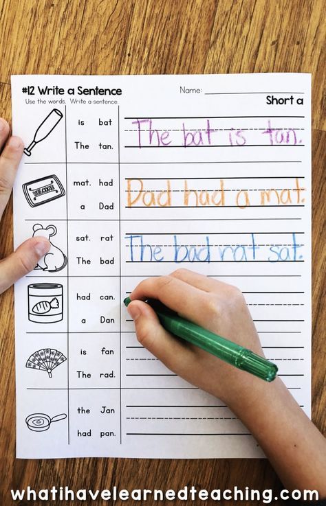 Short A Phonics Worksheets that give students practice read and write short a CVC words. This worksheet has students read four words on a line and arrange the words into a sentence. Student write these sentences. #kindergarten worksheets #shortaworksheets #phonicsworksheets Writing Pages For Kindergarten, Grade 2 Sentence Writing, Sentences 1st Grade, Writing A Sentence Kindergarten, Reading And Writing Practice, Short A Phonics Worksheets, Printing Practice Grade 1, No Prep Centers First Grade, Whole Word Reading Activities