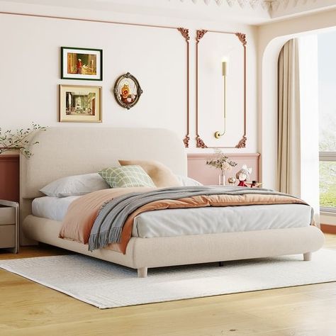 Curve-shaped Beige Teddy Fleece Platform Bed with Thick Fabric Upholstered Solid Wood Slat Support Low Profile Panel Bed Frame - On Sale - Bed Bath & Beyond - 39437126 Queen Platform Bed Frame, Beige Bed, Adult Bedroom, Queen Platform Bed, Teddy Fleece, Decoration Inspiration, Platform Bed Frame, Bedroom Furniture Beds, Upholstered Platform Bed