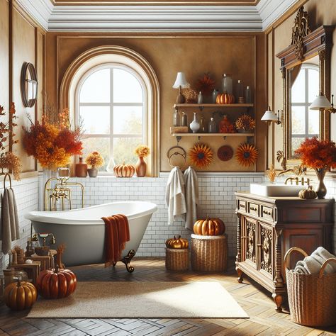 The bathroom should create a warm and cozy atmosphere with the use of autumnal colors like burnt orange, deep red, and sunflower yellow in its decor. It should have a clawfoot bathtub, an antique wooden vanity with a modern sink, brass fixtures, and a large, ornately framed mirror. Complete the look with fall-themed accessories: decorative gourds, pinecones, and rustic wicker baskets filled with plush towels. This image can serve as an inspirational visual for an upcoming remodel. Cozy Fall Bathroom, Bathroom Autumn Decor, Cosy Autumn Decor, Cozy Bathroom Decor, Autumn Bathroom Decor, Autumn Bathroom, Cosy Bathroom, Country Cottage Living, Autumn House