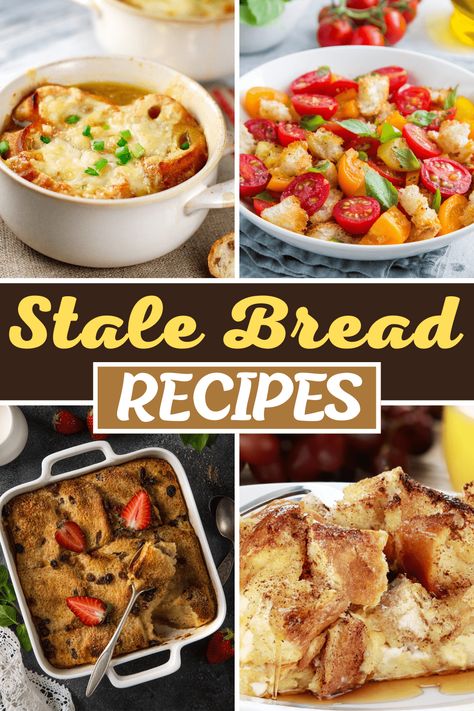 Stale bread recipes are perfect for using up your day-old loaf! From croutons to bread pudding to muffins, never let it go to waste again with these easy dishes. Recipes With Old Bread, Bread Pudding Muffins, Stale Bread Recipes, Leftover Bread Recipes, Savory Bread Puddings, Baguette Recipe, French Bread Recipe, Baguette Bread, Leftover Bread