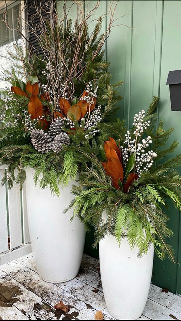 Plant Pot Christmas Decorations, Christmas Greenery Arrangements Outdoor, Winter Outdoor Pot Arrangements, Porch Urns Christmas, Mailbox Holiday Decorations, Urn Planters Front Door Christmas, Thanksgiving Planters Outdoor, Diy Christmas Greenery Arrangements, Winter Arrangements Outdoor