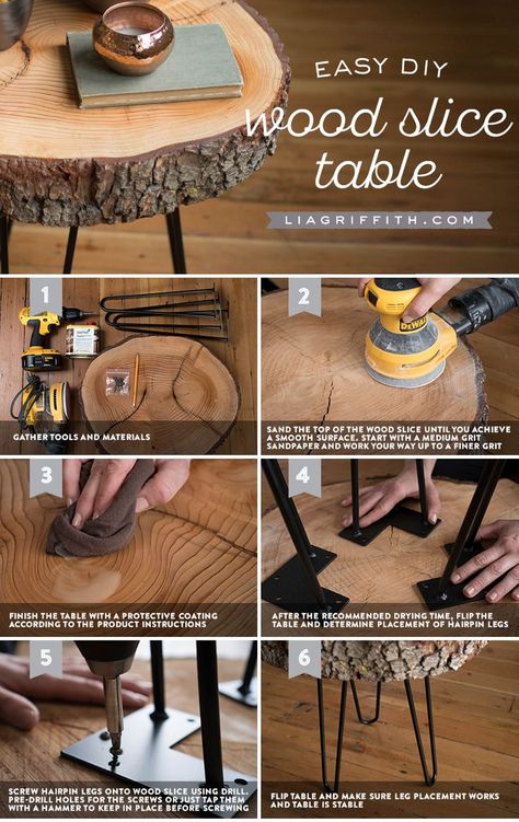 DIY Wood Slice Table - how to make your own trendy and rustic table - DIY furniture project Wood Slice Table, Diy Muebles Ideas, Wood Table Diy, Rustic Furniture Diy, Desk Diy, Hemma Diy, Wood Disc, Table Diy, Diy Holz