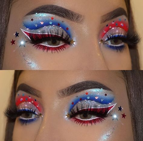 Red White And Blue Eyeshadow Looks, July 4th Eyeshadow, 4th Of July Eyeliner, 4 Th Of July Makeup, Red White Blue Makeup, Memorial Day Makeup Looks, Labor Day Makeup, American Flag Makeup, Red White And Blue Makeup Looks