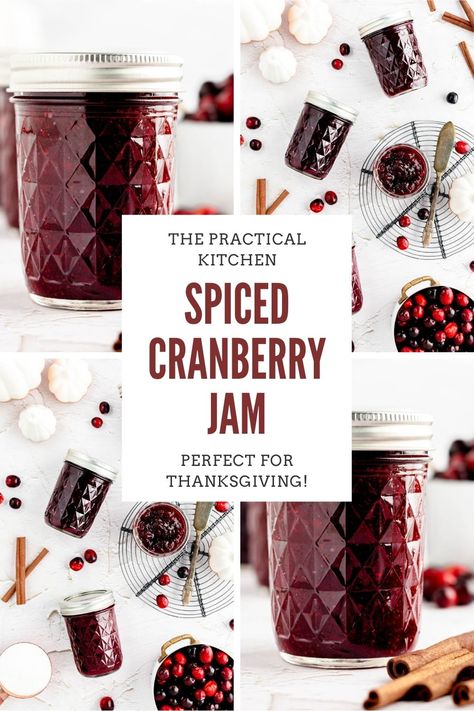 This easy spiced cranberry jam takes just a few minutes to make. It's so simple and uses just a few easy to find ingredients. This spiced cranberry jam is just the right balance of sweet and tart, with a hint of orange and lots of warm spices! cranberry jam, cranberry sauce, homemade cranberry sauce, cranberry jelly, cranberry recipes, thanksgiving cranberry sauce, thanksgiving recipes, canning process, how to can jam Cranberry Orange Sauce For Canning, Cranberry Orange Jam Canning, Cranberry Jam Recipe Simple, Orange Cranberry Jam, Orange Cranberry Recipes, Cranberry Preserves Recipe, Spiced Jam Recipes, Cranberry Jam Easy, Crockpot Cranberry Butter