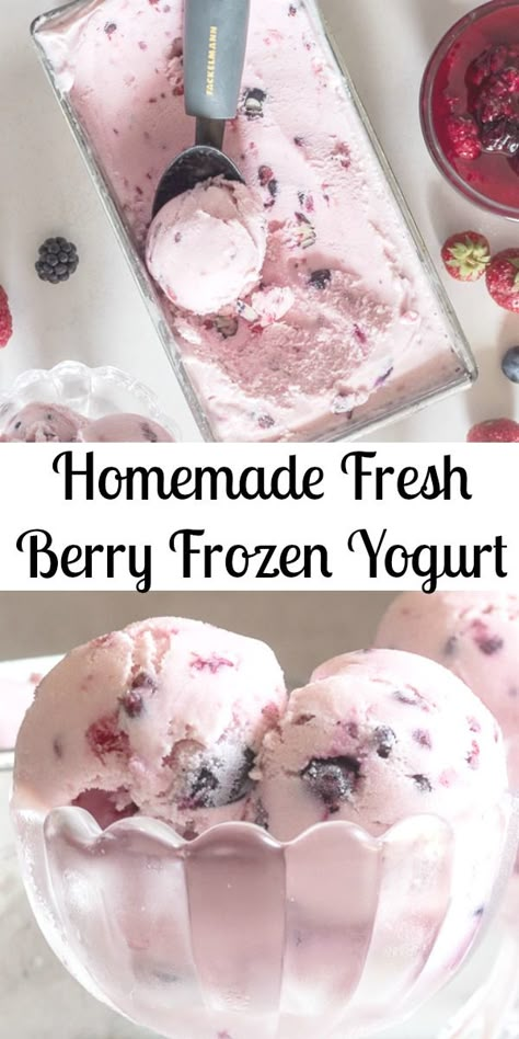 Frozen Yogurt a creamy delicious frozen homemade dessert treat, made with fresh berries, yogurt and cream.  So good you won't even miss ice cream!  #frozenyogurt #icecream #icecreammaker #berries #berryicecream #berryfrozenyogurt #dessert #summerdessert   via @https://it.pinterest.com/Italianinkitchn/ Homemade Frozen Yogurt, Frozen Yogurt Recipes, Ice Cream Maker Recipes, Yogurt Ice Cream, Homemade Ice Cream Recipes, Frozen Yoghurt, Yogurt Recipes, Homemade Ice, Milkshakes