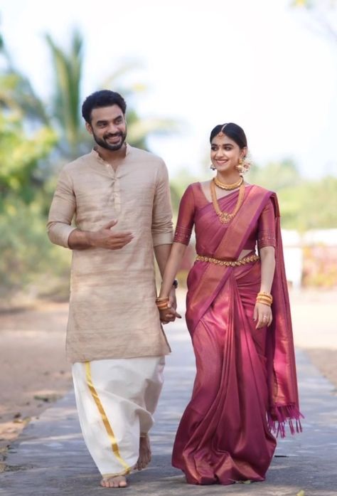 Groom Father Indian Wedding Outfits, Kerala Onam Dress For Mens, Kerala Wedding Groom Dress, South Indian Wedding Outfits Bride And Groom, Engagement Look For Men Indian, South Indian Engagement Outfit For Bride, Onam Outfits Ideas Men, Kerala Wedding Poses, South Indian Wedding Photos