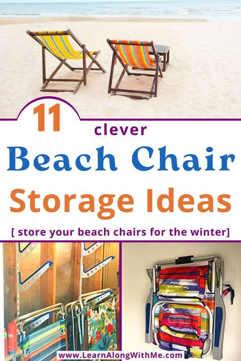 Wondering where to put your beach chairs during the off-season?  Get inspired by this list of beach chair storage ideas.

Which one will work for your home and particular style of chairs?

Most of the storage options involve hanging the beach chairs from various hooks, but there are some options for stacking them too. 
Check it out and get your beach chairs and beach gear organized.

#beachchairstorage   #beachgearstorage  #garagestorage   #garageorganization Chair Storage Ideas, Beach Chair Storage, Beach Gear Storage, Beach House Garage, Beach House Storage, Beach Chairs Portable, The Off Season, Garage Storage Solutions, Beach Cabana