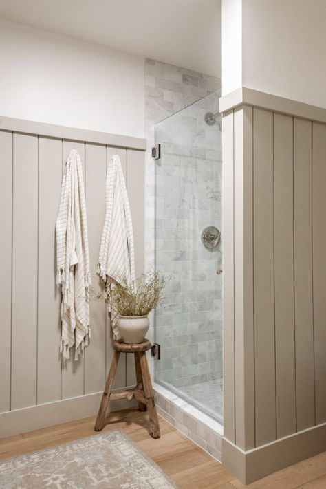 Ideas For Bathroom Colors, Panelled Walls In Bathroom, Farmhouse Bathroom Paneling, Guest Bathroom Ideas Wood Floors, Painted Brown Bathroom Cabinets, Small Bathroom Behind Toilet Decor, Bathroom With Wall Paneling, Wood Cabinet Bathroom Ideas, Bathroom Builder Grade Update