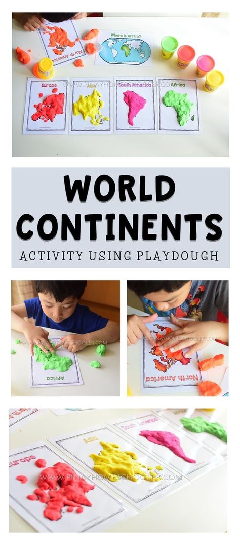 World Continents with playdough #preschool #kidsactivities #continents #geography #playdough #play #learningactivities World Continents, Continents Activities, Preschool Social Studies, Montessori Geography, Geography For Kids, Geography Activities, Kindergarten Social Studies, Teaching Geography, Homeschool Geography