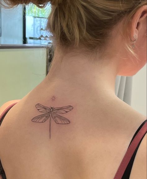 @ellieclementines on ig Dragonfly Tattoo With Quote, Pretty Dragonfly Tattoo, Dragon Fly Tattoo Back, Dragon Fly Back Tattoo, Dragonfly Tattoo On Back, Dragonfly Back Tattoo, Upper Back Tattoos, Dragonfly Tattoo Design, Gaming Tattoo