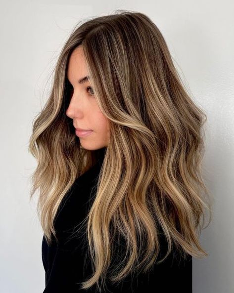 Toffee Brown Hair with Toasted Blonde Highlights Haircolor Brunettes, Caramel Bronde, Partial Blonde Highlights, Bronde Balayage Hair, Haircolor Formulas, Fall Bronde Balayage, Midi Hair, Warm Blonde Highlights, Brunette With Blonde Highlights