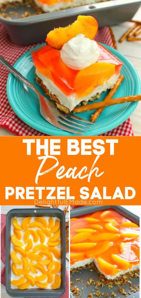 Peaches and Cream Pretzel Salad | AMAZING Jello Pretzel Salad Recipe! Peach Pretzel Salad Dessert, Peach Pretzel Dessert, Peach Jello Salad Recipes, Peach Pretzel Jello Dessert, Lemon Pretzel Salad, Peach Pretzel Jello Salad, Peach Pretzel Salad, Cherry Pretzel Salad, Pretzel Salads