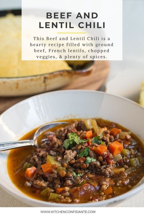 Beef and Lentil Chili in a bowl. Healthy Beef Chili Recipe, Lentil Recipes Crockpot, Beef Lentil Soup, Beef And Lentil, Lentil Chili Recipe, Slow Cooker Ground Beef, Beef Recipe Instant Pot, Chopped Veggies, Slow Cooker Lentils