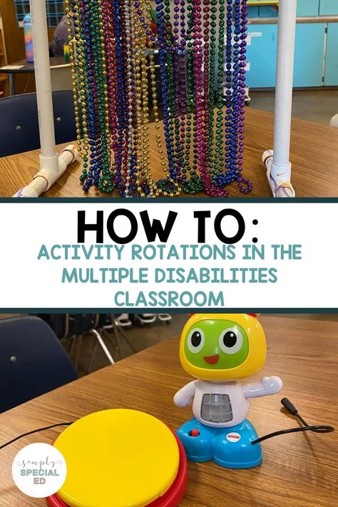 How are you using task systems in your multiple disability classroom? In this blog post I go over activity rotations that you can incorporate to find independent work that fits for all of your multiple disability students. I include a list of all my special education activities such as bead bars, sensory boards, and swinging bear that are all great ways to involve sound, texture and color. Read through all of my special education ideas on implementing a structured activity rotation here. Pmld Sensory Activities, Cvi Light Box Activities, Adaptive Activities For Special Education, Sensory Classroom Ideas Special Education, Fine Motor Special Education, Severely Disabled Classroom, Functional Activities Special Education, Special Education Sensory Activities, Stem Activities For Special Needs