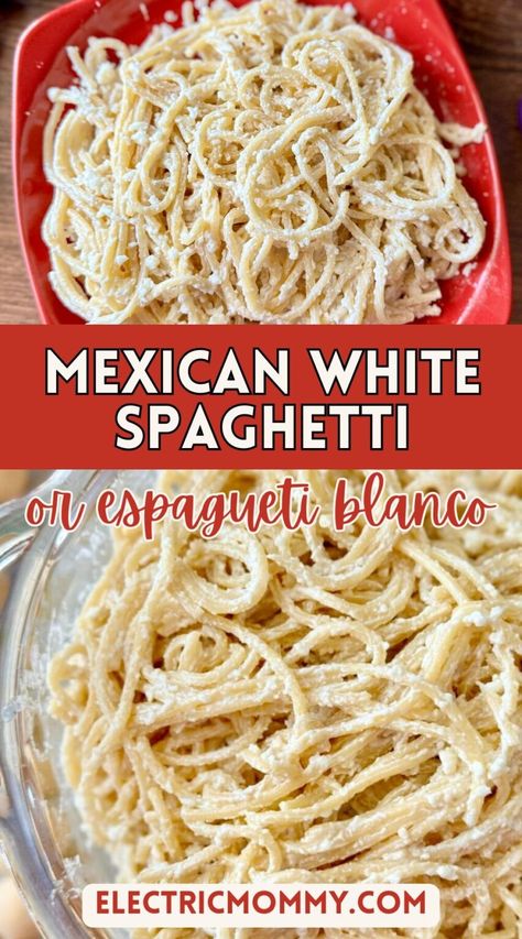 Mexican White Spaghetti (Espagueti Blanco) Creamy Tomato Spaghetti Recipes, Spaghetti Recipes White Sauce, Spaghetti White Sauce Recipes, Mexican White Spaghetti Recipe, Mexican Red Spaghetti, Spaghetti With Red And White Sauce, Creamy Mexican Spaghetti, White Sauce Noodles, Speggetti Sauce Recipe