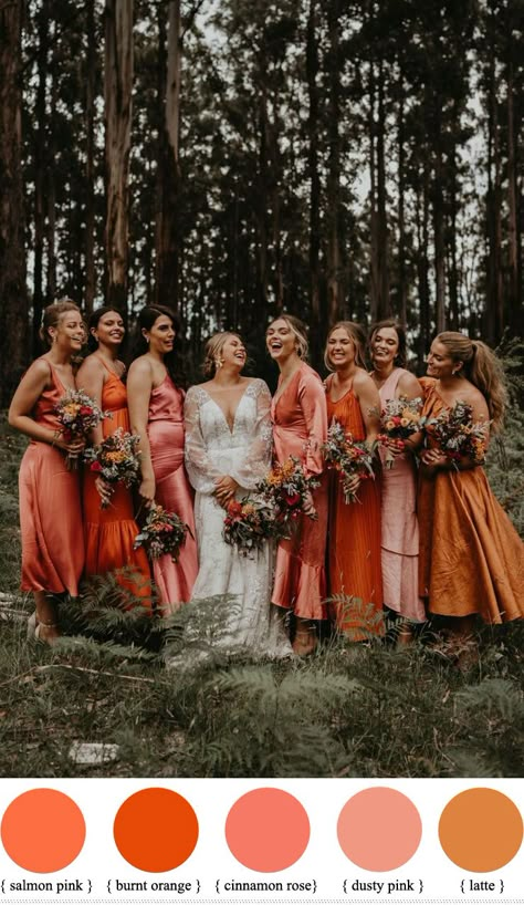 fall wedding colors, fall wedding color theme, autumn wedding colours, autumn wedding colour ideas, fall wedding colors bridesmaid dresses, september wedding colors, rustic fall wedding colors, fall wedding colors with black, fall wedding colors flowers, fall wedding colors with teal and terracotta Fall Wedding Vibrant Colors, Autumn Orange Wedding, Sunset Hues Wedding Theme, Spring Vs Fall Wedding, Bridesmaids And Groomsmen Colors Fall Weddings, Fall Wedding Colors With Pink, Bright Fall Bridesmaid Dresses, Non Traditional Fall Wedding Colors, Bridal Party Fall Colors