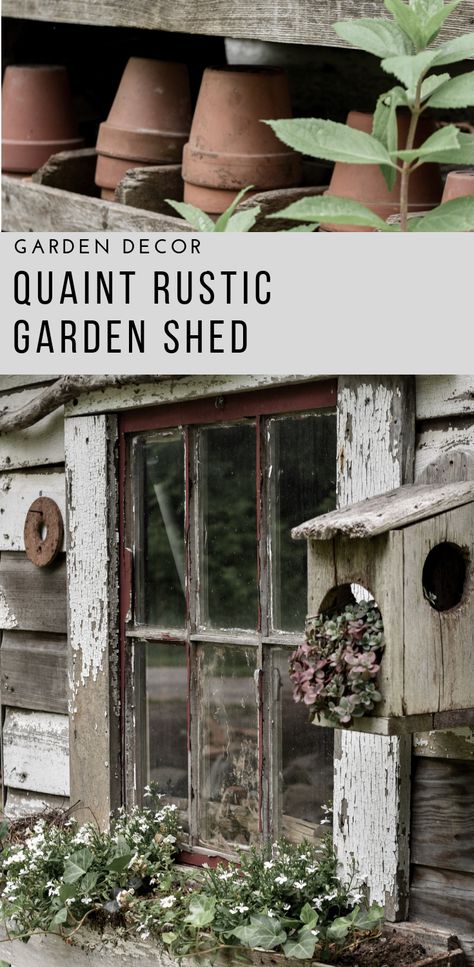 Small rustic garden shed with reclaimed vintage garden decor. #gardenshed #pottingshed #gardendecor Small Rustic Garden, Small Potting Shed, Potting Ideas, Cottage Garden Sheds, Garden Shed Diy, Potting Benches, Shed Decor, Potting Tables, Brick Garden