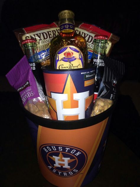 Crown Royal Astros raffle basket also made by me Astros Raffle Basket, Crown Bottle, Raffle Basket, Raffle Baskets, Gift Ideas Diy, Ben And Jerrys Ice Cream, Crown Royal, Basket Ideas, Gift Basket