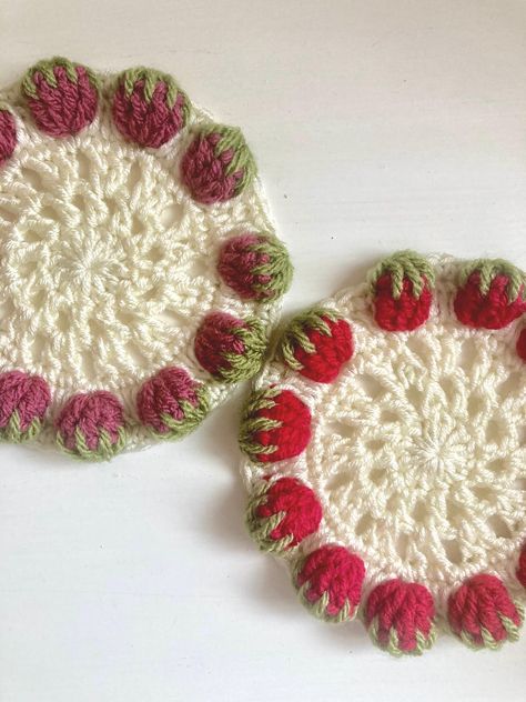 Sweet strawberry and raspberry coasters!  These coasters will brighten up your home, perfect to bring a little bit of nature inside! They make charming gifts for loved ones or a special treat for your own home.  They are handmade with premium acrylic yarn, making them soft but durable enough for every day use.  These are custom and made-to-order, therefore no exchanges or returns will be accepted. If you have any issues please get in touch and I will do my best to resolve them! Crocheted using a Crochet Strawberry Coaster, Strawberry Coaster, Crochet Stuffy, Yarn Making, Crochet Hook Case, Crochet Case, Crochet Strawberry, Gifts For Loved Ones, Fun Crochet