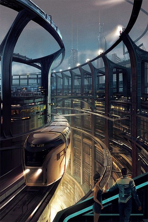 Future elevated train Futuristic Technology Concept Art, Kota Masa Depan, Science Fiction Kunst, Ville Cyberpunk, Teknologi Futuristik, Mobil Futuristik, Art Cyberpunk, Pelan Rumah, Sci Fi City