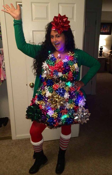 27 FUN OFFICE CHRISTMAS PARTY IDEAS TO TRY - Anuri's Journey Diy Christmas Tree Costume, Ugly Christmas Outfit, Christmas Costumes Diy, Homemade Ugly Christmas Sweater, Ugly Christmas Sweater Diy Funny, Diy Christmas Outfit, Ugly Christmas Sweater Outfit, Christmas Costumes Women, Christmas Tree Costume