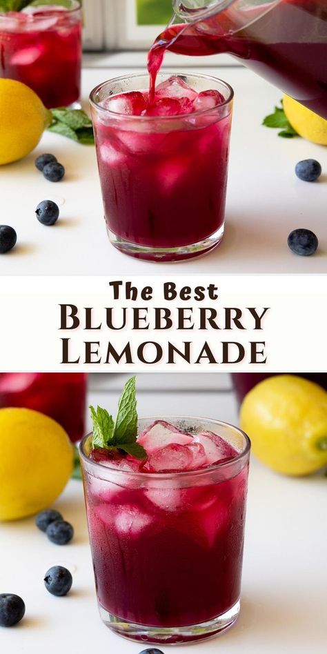 blueberry lemonade being poured into a glass and garnished with mint. Blueberry Lemonade Recipe, Pane Naan, Lemon And Blueberry, Iced Drinks Recipes, Resep Smoothie, Tea Drink Recipes, Drink Recipes Nonalcoholic, Blueberry Lemonade, Lemonade Drinks