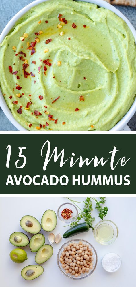 15 minute avocado hummus, a delicious homemade dip, goes perfect with chips or on toast. #avocadohummus Avocado Hummus Recipe, Avocado Recipes Easy, Avocado Recipe, Avocado Creme, Avocado Spread, Avocado Dessert, Homemade Dips, Scones Ingredients, Avocado Hummus