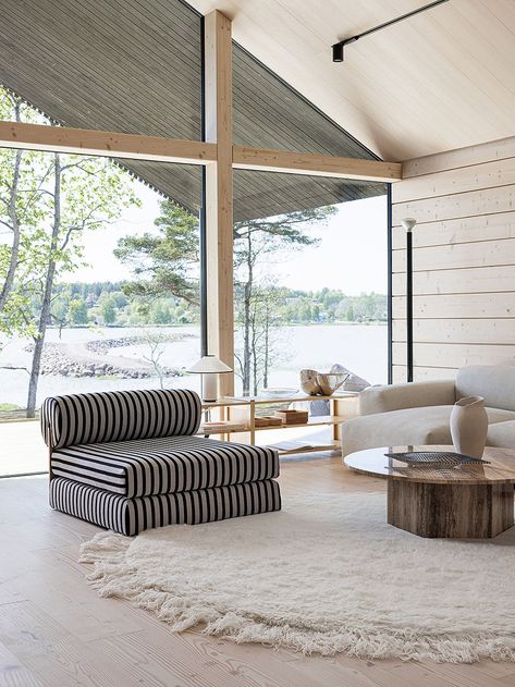 Modern log house Villa Havu delights with its light-toned spruce surfaces | Design Stories Finnish Interior Design, Turku Archipelago, Finnish Interior, 1950s Architecture, Modern Log House, Cabin By The Lake, Aura Design, Building A Sauna, Modern Log Cabin