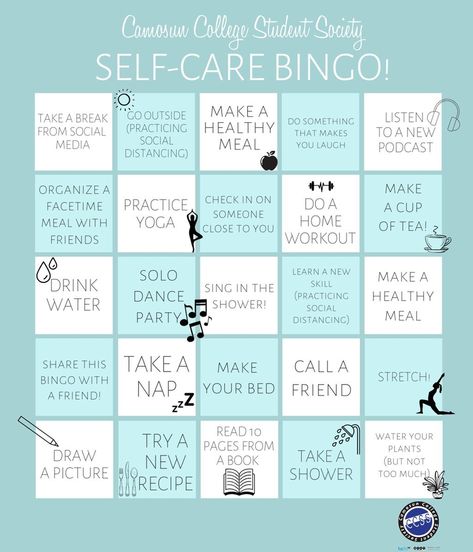 Camosun College Student Soc.’s Instagram profile post: “Have you had a chance to try our Self Care bingo? Thanks to @suvcc for creating this self care bingo - awesome idea!” Self Care Activities For High School Students, Healthy Habits Bingo, College Student Self Care, Self Care Bingo, Academic Coaching, Bingo Ideas, Challenges Ideas, Coping Methods, Adulting 101