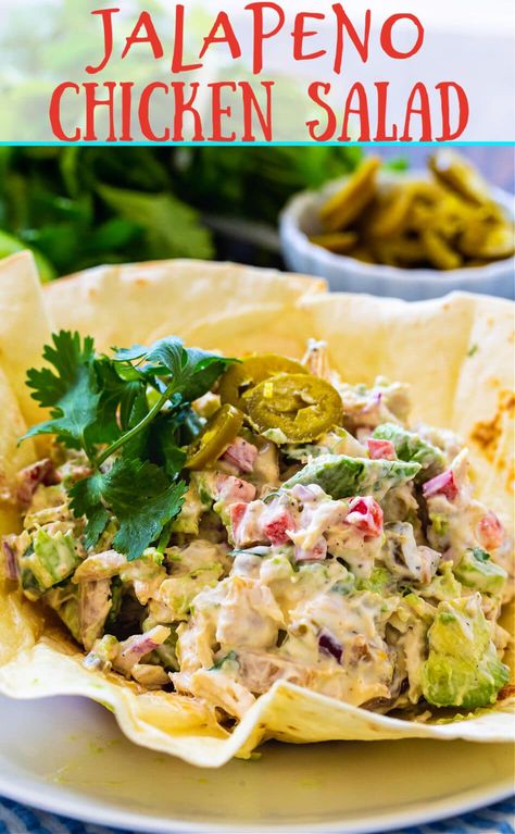 Jalapeno Chicken Salad- a creamy southwestern-style chicken salad with avocado. Spicy Chicken Salad Recipe, Chicken Salad Chick Recipe, Chicken Salad With Avocado, Chicken Salad Chick, Mexican Chicken Salads, Chicken Salad Sandwich Recipe, What Is Healthy Food, Rotisserie Chicken Salad, Keto Salads