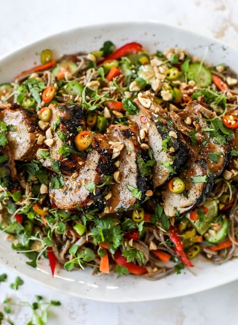 Braised Pork Tenderloin Recipes, Asian Salads, Thai Pork, Soba Noodle Salad, Daging Babi, Soba Noodles Salad, Pork Salad, Soba Noodle, 2024 Recipes