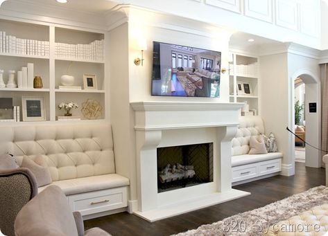 built in banquette seating on either side of fireplace Either Side Of Fireplace, Built In Banquette Seating, Side Of Fireplace, Built In Bench Seating, Built In Around Fireplace, Fireplace Seating, Fireplace Bookshelves, Built In Shelves Living Room, Built In Banquette