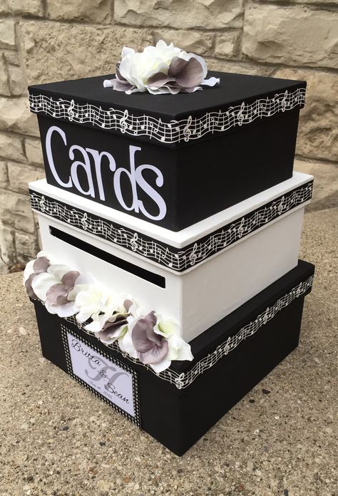 "Every card box from me is custom made with colors and accents to match your wedding, Sweet 16, Bar Mitzvah, Bat Mitzvah or other special event. It will hold lots of cards and keep them secure during your celebration. I use paper mache boxes that are painted with acrylic paint that is custom mixed to match your event colors. If you would like a different font on the placard that says your name, just give me a font name from the internet or tell me the style of your party and I will suggest somet Black And White Music, Diy Card Box, Graduation Card Boxes, Butterfly Bouquet, Engagement Box, Sweet 16 Themes, Music Themed Wedding, Paper Mache Boxes, Design Butterfly