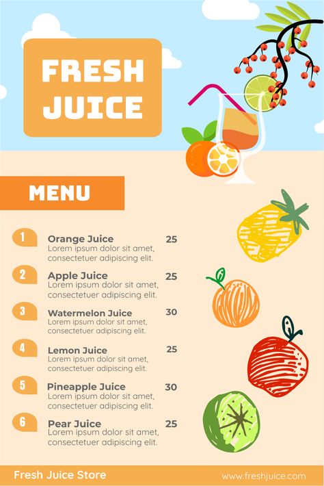 Create your menu with this template. It is beautiful and professionally-designed, and meet your design need perfectly. Juice Menu Background Design, Menu List Design Ideas, Lemonade Menu Design, Fruit Menu Design, Juice Menu Design Ideas, Juice Bar Menu Design, Smoothie Menu Design, Menu Drink Design, Juice Menu Design