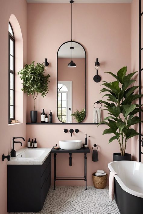 Bathroom Black Interior, Pink Ground Farrow And Ball Bathroom, Pink Brown Bathroom Ideas, Home Interior Design Pink, Bathroom Pink And Black, Pink Bathroom Black Fixtures, Pink En Suite, Pink Wall Bathroom Ideas, Pink And Olive Green Bathroom