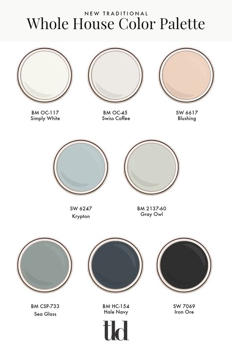 4 Steps to Create a Whole-House Color Palette Modern Vintage Color Scheme, Studio Mcgee Living Room Paint Colors, Modern Colonial Color Palette, House Color Schemes Interior Modern, Whole House Design Scheme, While House Color Palette, Transitional Color Palette For Home, House Color Pallet Interiors, French Cottage Color Palette