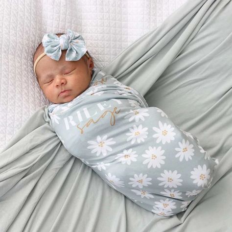 Personalized Swaddles For Newborn Pictures | Caden Lane Caden Lane, Personalized Swaddle Blanket, Personalized Swaddle, Green Daisy, Block Font, Newborn Swaddle, Best Baby Shower Gifts, Kid Clothes, Cute Picture