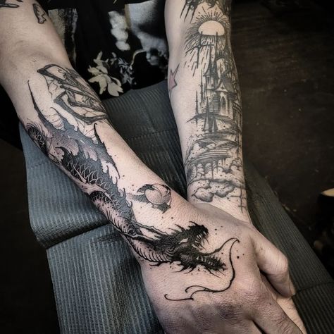 Castle Dragon Tattoo, Dragon Castle Tattoo, Dragon And Castle Tattoo, Dark Dragon Tattoo, Dragon Hand, Castle Tattoo, Dragon Sleeve, Tattoo Dragon, Gothic Castle