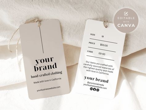 "Our Editable Clothing Hang Tag Templates are a quick & easy solution to help you create modern branded swing tags for your clothing products. Included is a front design to detail your brand, plus 2 reverse designs with space to detail sizing, price & stock code, plus garment care instructions & icons. Instantly downloadable, quick & simple to customise to your products & business in Canva, then download to your computer or device & print at home or professionally. Available now 👆 2 sizes & 3 colours included but choose any colour you wish in Canva! 🌈  These swing tag label designs are ideal for your small business if: 🌟 you're short on time & need instant, well designed clothing hang tags that you can customise & print yourself, to brand your beautiful clothing products 🌟 you want to Price Tag Design Ideas, Clothes Label Design Tags, Clothing Tag Design, Crochet Packaging, Clothing Hang Tags, Price Tag Design, Hang Tags Clothing, Hang Tag Design, Eid Card Designs