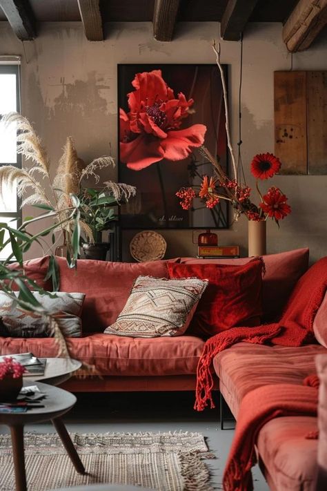 Cozy Red and Brown Living Room Decor Tips! Red And Orange Living Room Ideas, Red Bohemian Living Room, Red Furniture Aesthetic, Red Couch Living Room Ideas Apartments, Cream And Red Living Room, Red Theme Living Room, Red Chairs Living Room Decor, Red Leather Sofa Living Room Ideas, Red Couches Living Room Decor