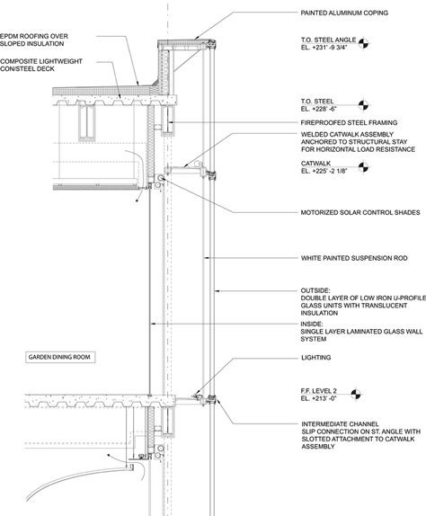 Nelson Atkins Museum of Art; Steven Hall architects. Detail of the double skin facade with U-glass at the outer side. U Glass, Channel Glass, Wall Section Detail, Curtain Wall Detail, Steven Holl, Construction Drawings, Architectural Drawing, Glass Facades, Roof Detail