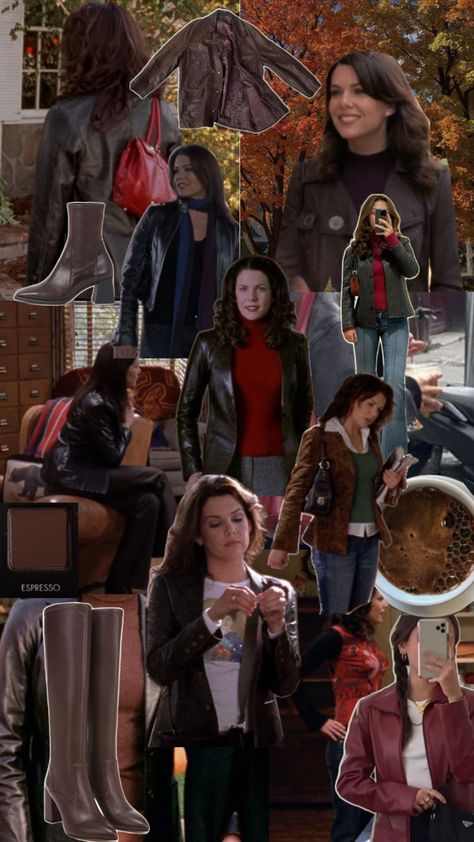 Leather Jacket Autumn Outfit, Lorelai Gilmore Best Outfits, Lorelai Gilmore Boots Outfits, Lorelai Gilmore Jacket, Lorelai And Rory Halloween Costume, The Clique Movie Outfits, Rory Gilmore Outfits Season 1 Episode 1, Lorelei And Luke Costume, Lorelai Gilmore Outfits Aesthetic