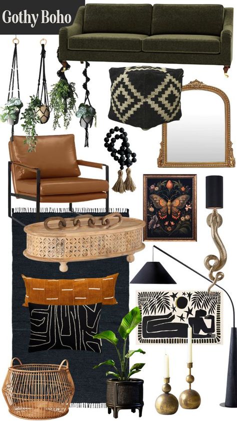 Earthy Glam Decor, Boho Goth Living Room Ideas, 1920s Boho Decor, Boho Grunge Home Decor, Earth Tones And Black, Modern Witchy Living Room, Edgy Boho Home Decor, Dark Earthy Living Room Aesthetic, Edgy Boho Living Room